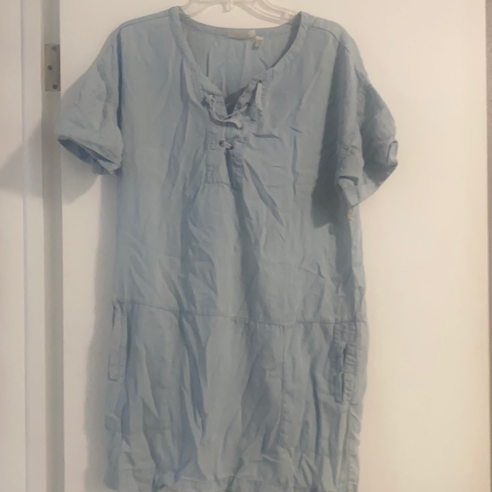 Cute denim dress with fun details and big pockets!
